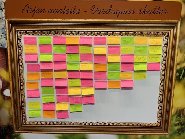 Muistitaulu jossa on ihmisten kirjoittamia lappuja arjen aarteista.