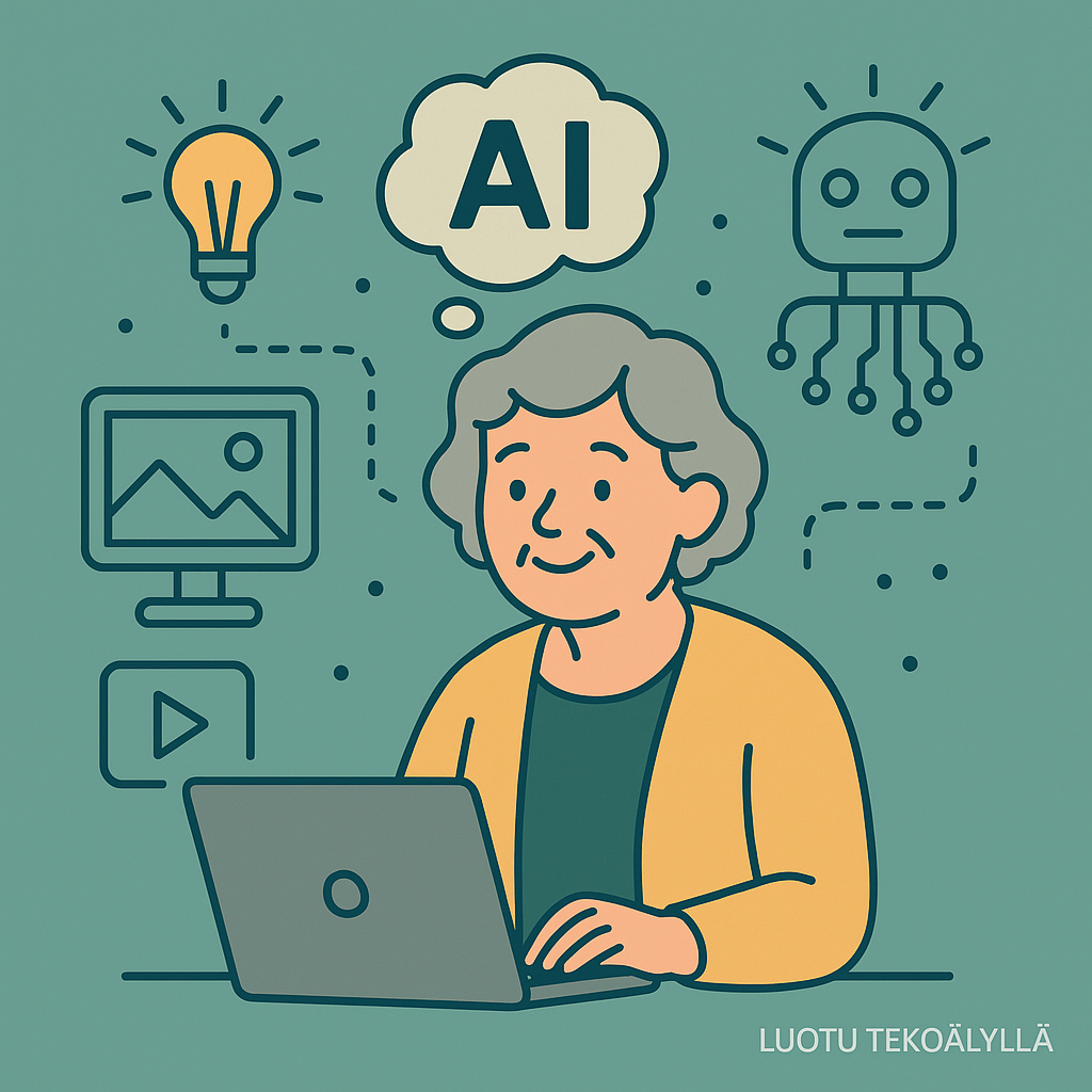 Piirroskuva iloisesta, harmaahiuksisesta naisesta käyttämässä kannettavaa tietokonetta. Taustalla näkyy tekoälyyn liittyviä symboleja, kuten robottipää, lamppu ja tietokoneen näyttö. Kuvan alakulmassa lukee 'Luotu tekoälyllä'