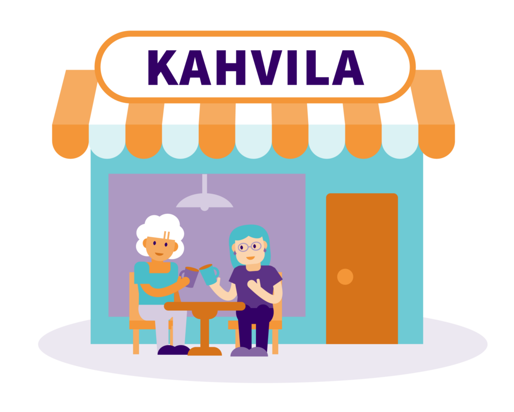 Tyylitelty kuvitus kahvilasta, jonka kyltissä lukee "KAHVILA". Kahvilan ikkunan ääressä kaksi iäkästä henkilöä istuu pöydän ääressä juomassa kahvia ja nostaa mukinsa maljaksi toisilleen. Rakennuksessa on oranssivalkoraidallinen markiisi ja oikealla ovi. Kuvitus on pelkistetty ja värikäs, sävyinä turkoosi, oranssi, violetti ja vaaleansininen.