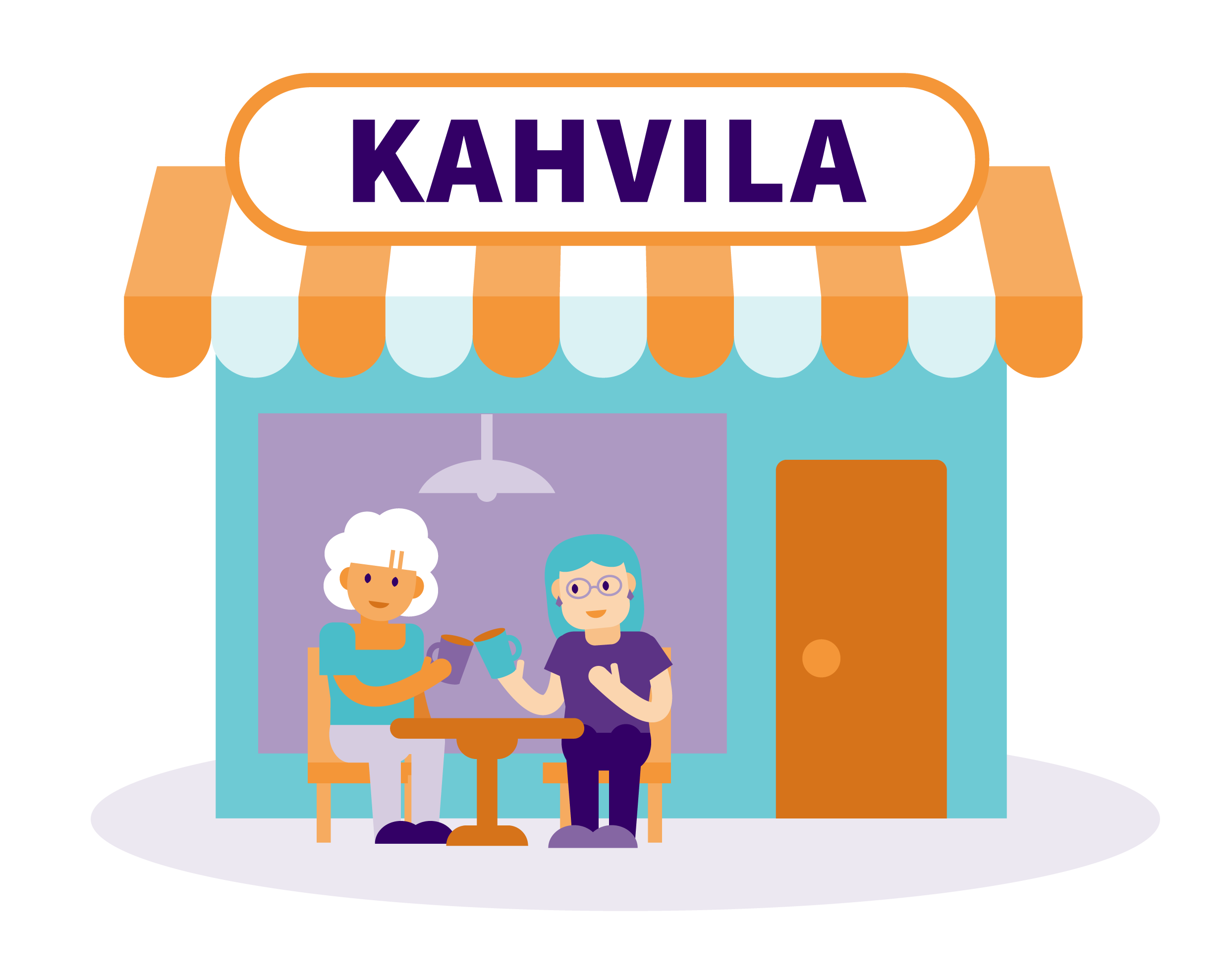 Tyylitelty kuvitus kahvilasta, jonka kyltissä lukee "KAHVILA". Kahvilan ikkunan ääressä kaksi iäkästä henkilöä istuu pöydän ääressä juomassa kahvia ja nostaa mukinsa maljaksi toisilleen. Rakennuksessa on oranssivalkoraidallinen markiisi ja oikealla ovi. Kuvitus on pelkistetty ja värikäs, sävyinä turkoosi, oranssi, violetti ja vaaleansininen.