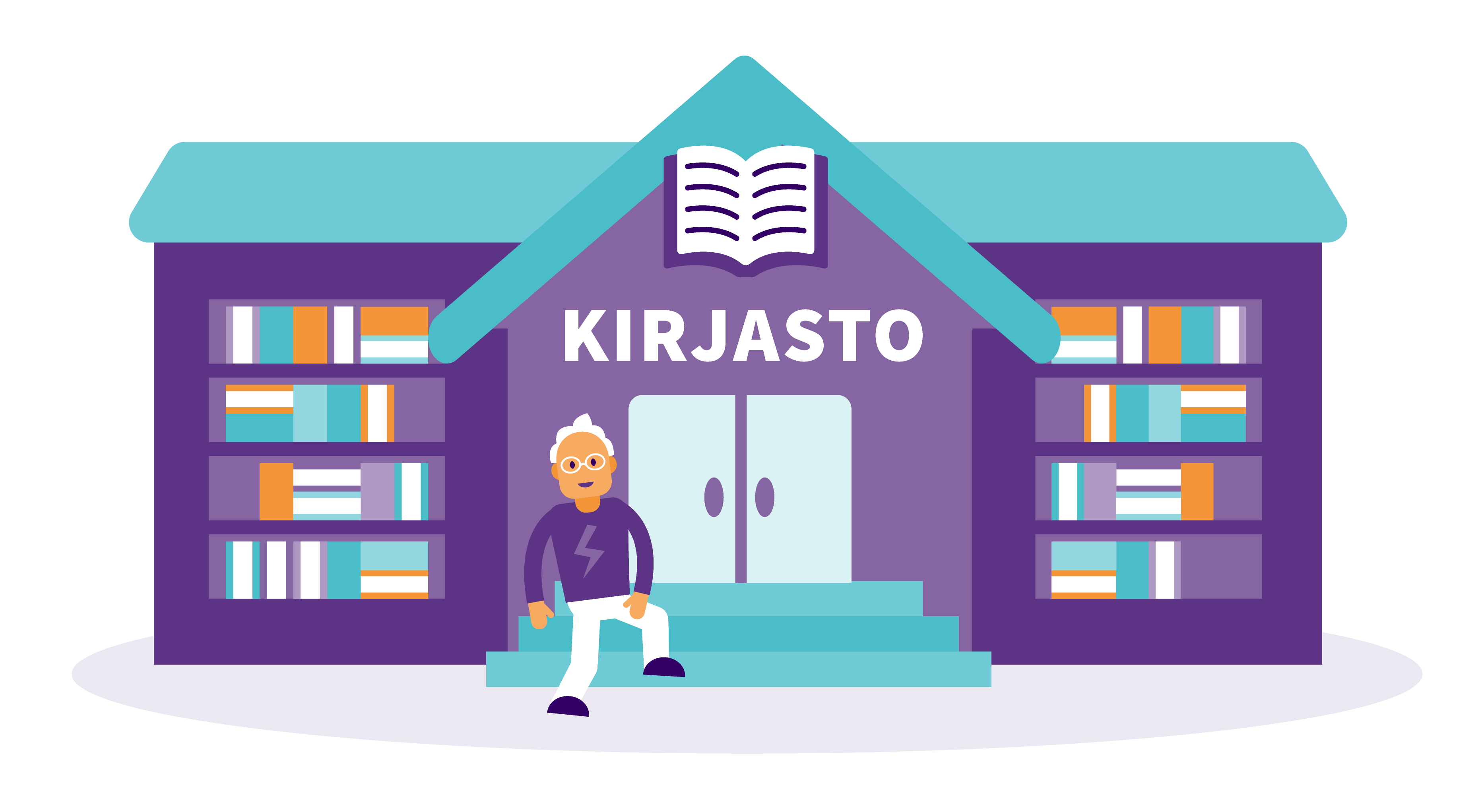 Kuvituskuva kirjastorakennuksesta, jonka julkisivussa lukee “Kirjasto”. Rakennuksen edessä portailla istuu iäkäs henkilö. Kirjaston ikkunoista näkyy kirjoja hyllyissä.