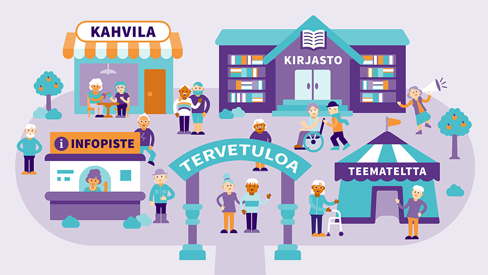 Värikäs kuvitus Vertaiskylästä, jossa iäkkäät ihmiset kohtaavat ja viettävät aikaa yhdessä. Kuvassa on kahvila, kirjasto, infopiste ja teemateltta sekä keskellä Tervetuloa-portti.