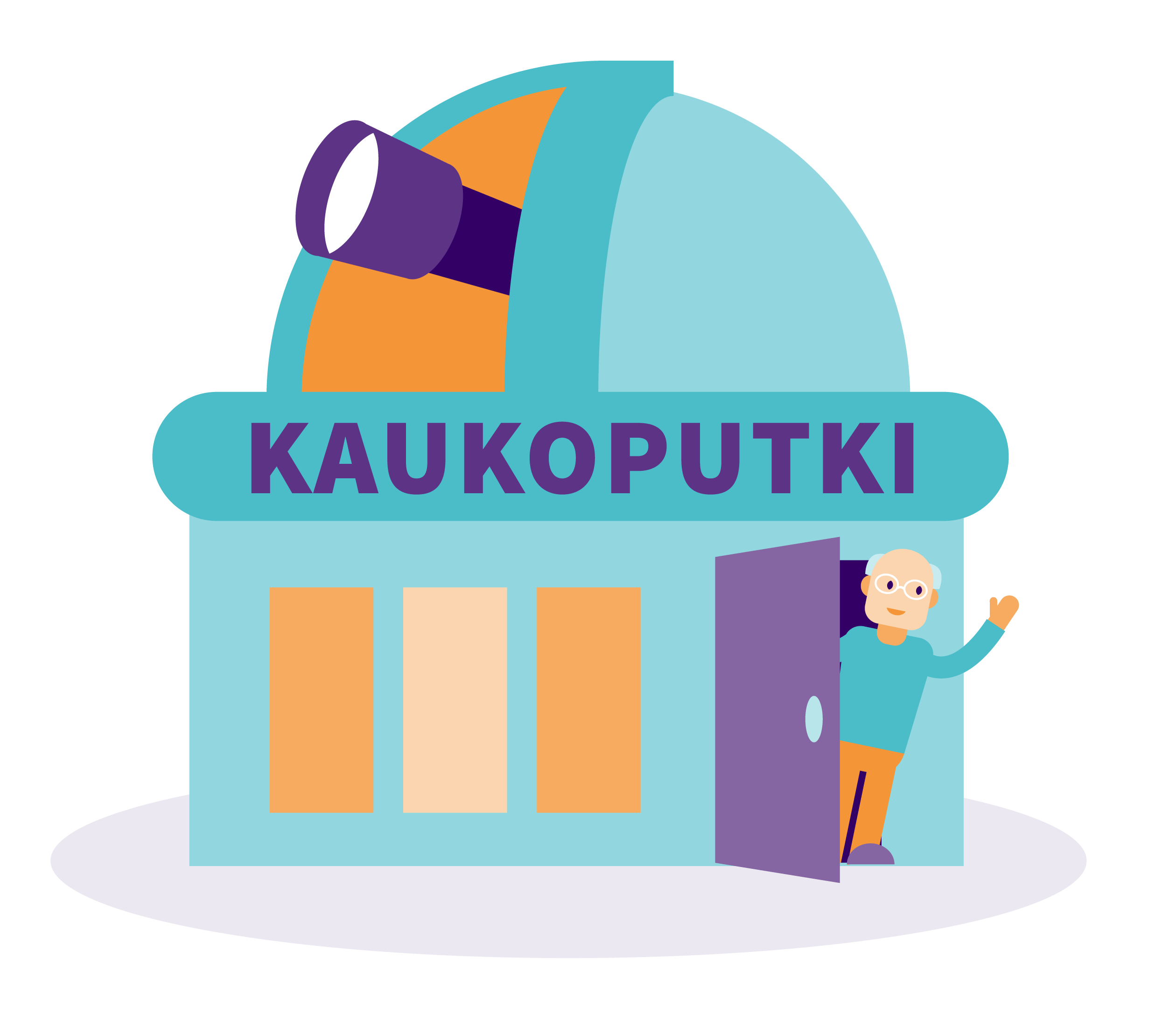 Tyylitelty kuvitus tähtitornosta, jonka julkisivussa lukee "KAUKOPUTKI". Rakennuksen katolla on suuri kaukoputki. Avoimesta ovesta kurkistaa hymyilevä silmälasipäinen iäkäs henkilö, joka tervehtii käsi pystyssä. Kuvitus on pelkistetty ja värikäs, sävyinä turkoosi, violetti ja oranssi.