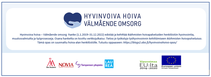 HYVINVOIVA HOIVA – VÄLMÅENDE OMSORG -hanke 1.1.2019-31.12.2022 edistää ja kehittää ikäihmisten hoivapalveluiden henkilöstön hyvinvointia, muutosvalmiutta ja työprosesseja.