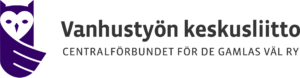 Vanhustyön keskusliiton logo: lila pöllö ja musta teksti.