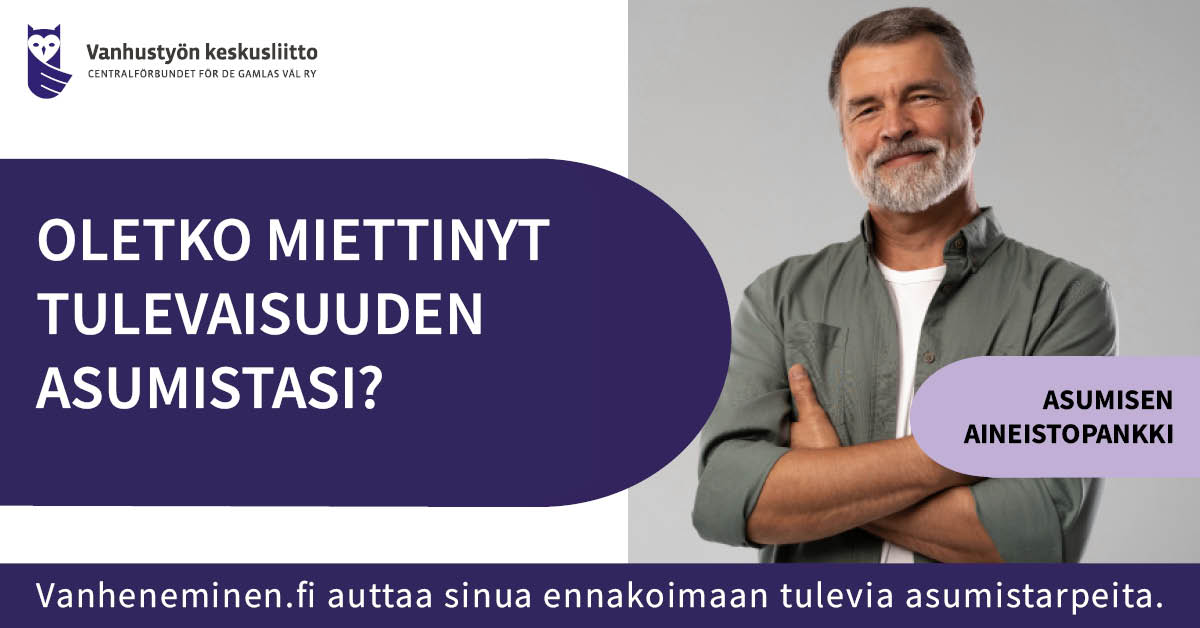 Asumisen aineistopankine mainoskuva. Oletko miettinyt tulevaisuuden asumistasi? Vanheneminen.fi auttaa sinua ennakoimaan tulevia asumistarpeita. Kuvassa keski-ikäinen mies.