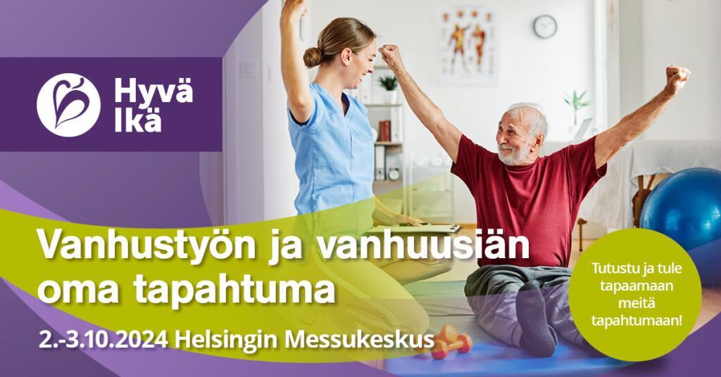 Vanhustyön ja vanhuusiän tapahtuma Helsingin messukeskuksessa 2.-3.10.2024. Iäkäs mies jumppaa nuoren hoitajanaisen kanssa. 