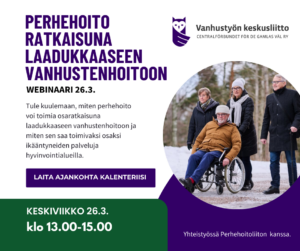 Perhehoito ratkaisuna laadukkaaseen vanhustenhoitoon. Webinaari 26.3. Kuvassa ulkona kävelemässä kolme iäkästä, joista yhtä nuorempi nainen työntää pyörätuolissa.