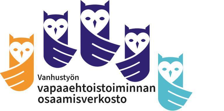 Logotypen för kompetensnätverket för frivilligverksamhet inom äldreomsorgen, med fem stiliserade ugglor i olika färger: orange, mörkblå, lila och ljusblå. Under ugglorna står texten "Kompetensnätverk för frivilligverksamhet inom äldreomsorgen".