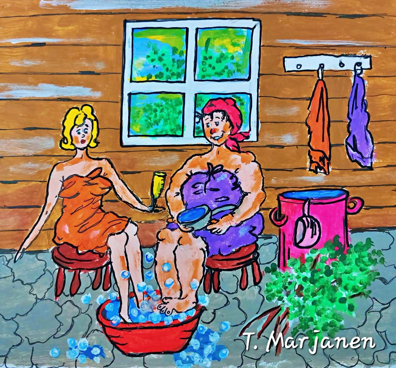 Färgrik illustration där två personer sitter på bänkar framför en bastu. Båda är insvepta i handdukar, den ljushåriga personen har fötterna i ett träkar och håller ett glas mousserande vin, den rödhalsduksklädda tvättar sina fötter i skummande vatten. I bakgrunden en timmervägg, ett fönster, handdukar på en krok och ett stort rosa vattenkar. Nederst en signatur ”T. Marjanen”.