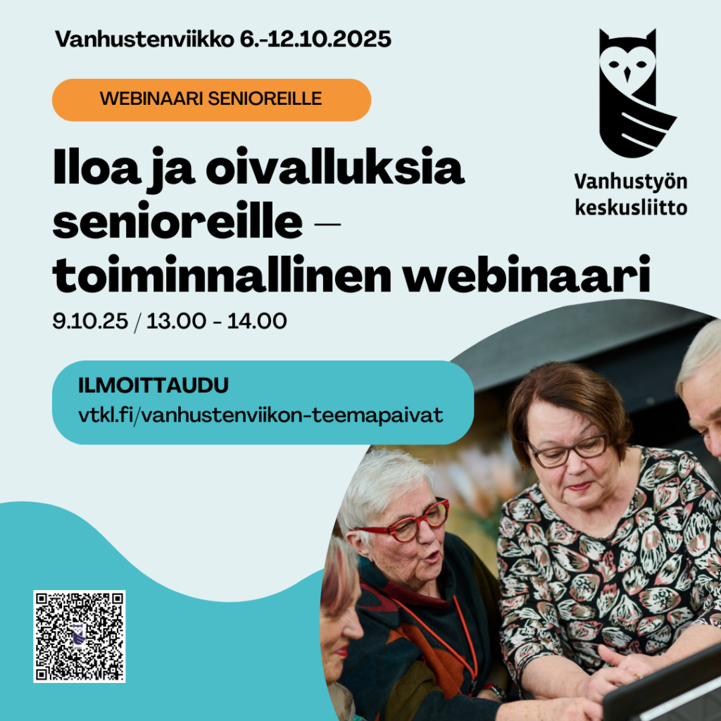 Mainos webinaarista senioreille 9.10.2025 klo 13.00–14.00 osana Vanhustenviikkoa. Kuvassa kolme hymyilevää ikäihmistä tutkii tablettia. Mukana ilmoittautumislinkki ja QR-koodi.