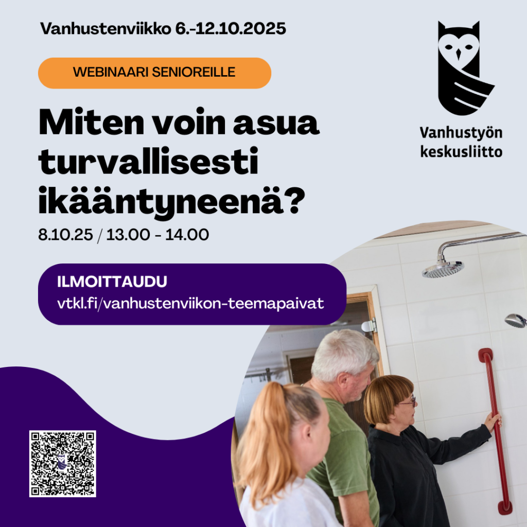 Vanhustyön keskusliiton senioreille suunnatun webinaarin mainos. Webinaari järjestetään 8.10.2025 klo 13.00–14.00. Kuvassa kolme ihmistä kylpyhuoneessa tarkastelee seinään asennettua tukikahvaa. Vasemmassa alakulmassa ilmoittautumislinkki ja QR-koodi.