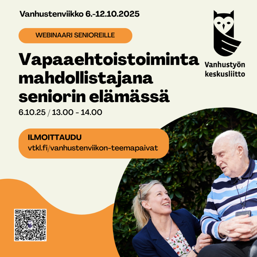 Vanhustyön keskusliiton webinaari senioreille 6.10.2025 klo 13.00–14.00. Kuvassa nainen juttelee ulkona penkillä istuvan iäkkään miehen kanssa. Mukana ilmoittautumislinkki ja QR-koodi.