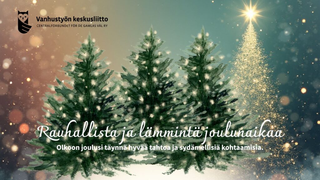 Vihreät joulukuuset hehkuvat valoissa, teksti toivottaa: Olkoon joulusi täynnä hyvää tahtoa ja sydämellisiä kohtaamisia