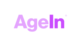 AgeIn-logo, jossa nimi ”AgeIn” on kirjoitettu suurilla violeteilla kirjaimilla mustaa taustaa vasten.