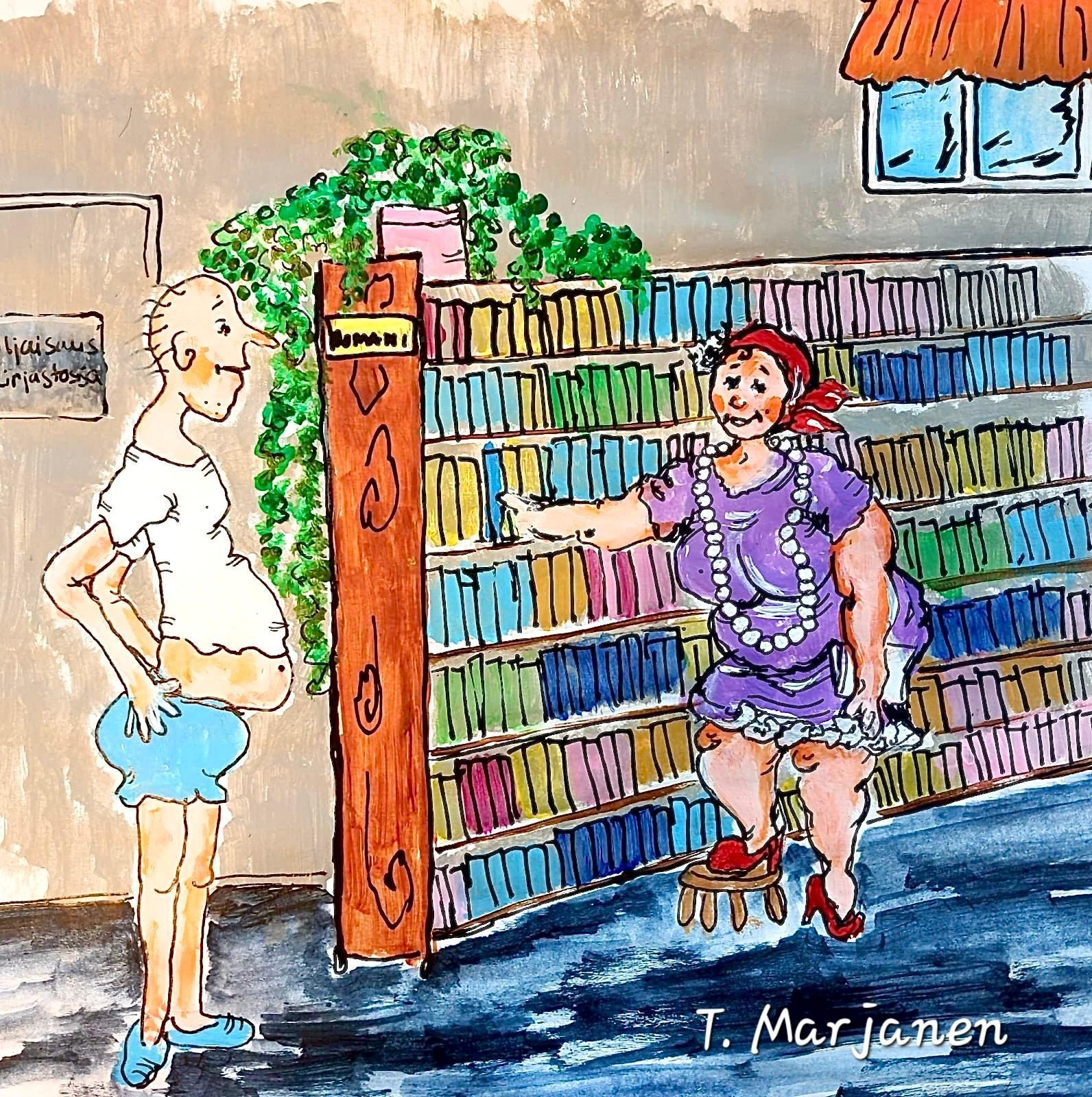 Piirroskuva kirjastosta, jossa iäkäs nainen seisoo jakkaralla kirjahyllyn edessä ja ojentaa kättään kirjaa kohti. Hänellä on mekko, helmet ja huivi päässä. Vastapäätä seisoo hoikka iäkäs mies, joka katsoo naista. Taustalla näkyy värikkäitä kirjahyllyjä ja kirjaston opaste. Kuvan tyyli on humoristinen ja käsin piirretty.