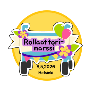 Pyöreä, iloinen kuvitus rollaattorista juhlakoristein. Rollaattorin ympärillä on värikkäitä viirejä, ilmapalloja ja kukkia. Keskellä teksti ”Rollaattorimarssi”. Alhaalla teksti ”8.5.2026 Helsinki”. Taustalla keltainen ympyrä.