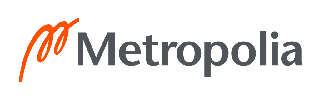 Metropolia Ammattikorkeakoulun logo, jossa oranssi M-symboli ja harmaa teksti ”Metropolia”.
