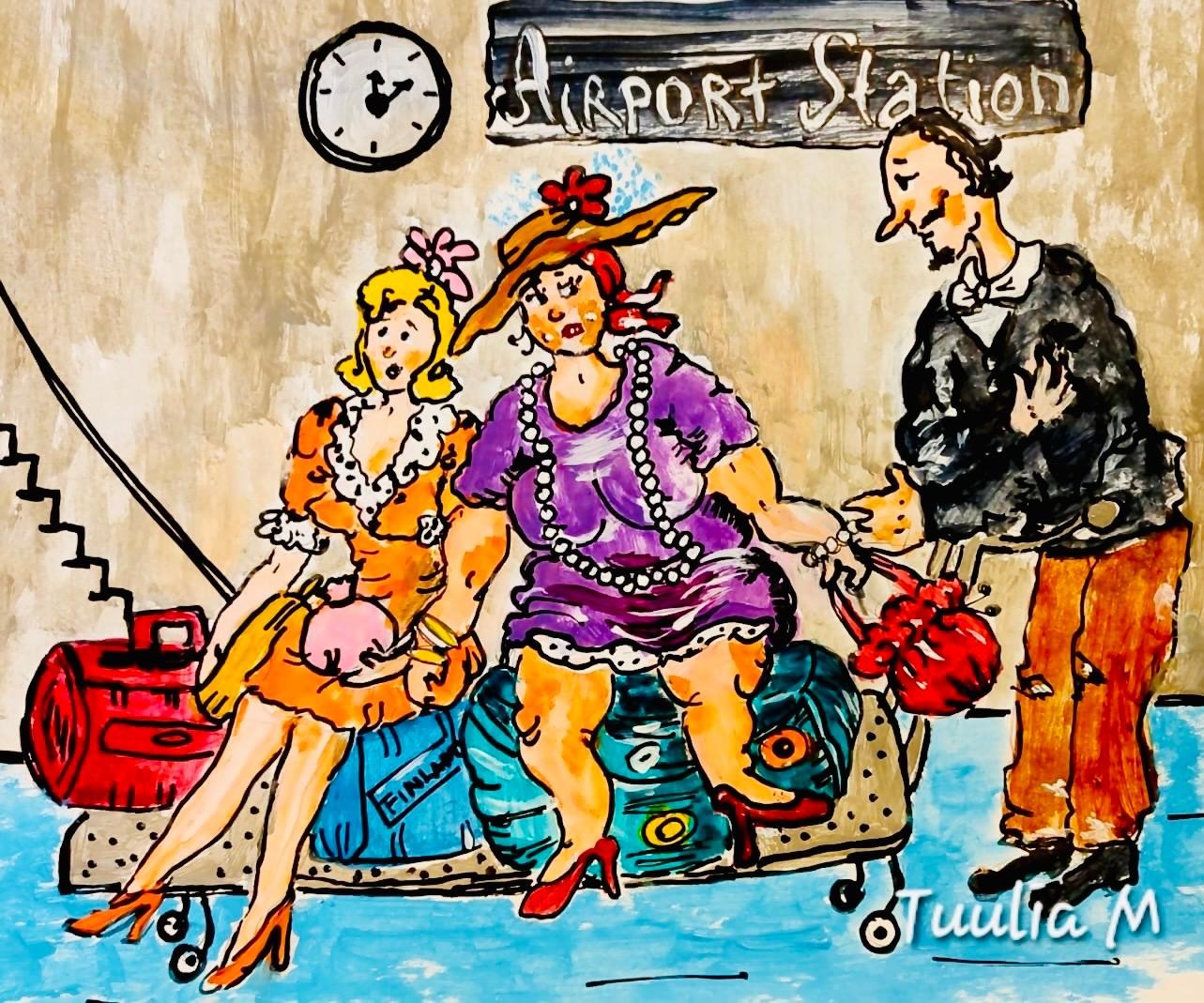 Humoristinen kuvitus lentokentältä: kolme hahmoa istuu ja seisoo matkalaukkujen päällä lähtöportin luona. Yhdellä hahmolla on suuri hattu ja helminauha, toisella värikäs mekko, ja kolmas ojentaa kukkia. Taustalla näkyy kyltti “Airport Station” ja kello.