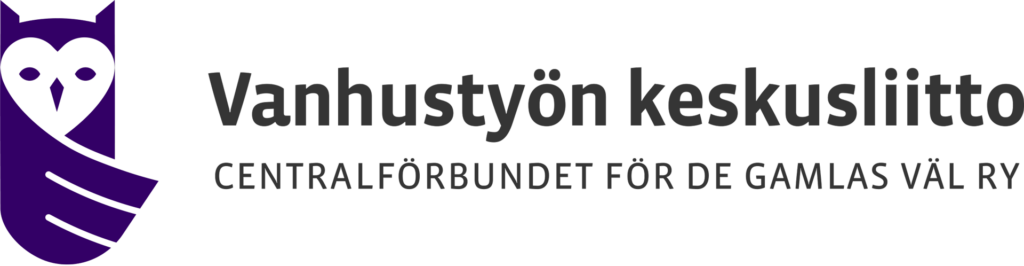 Vanhustyön keskusliiton logo, jossa violetti pöllösymboli ja teksti ”Vanhustyön keskusliitto – Centralförbundet för de gamlas väl ry”.
