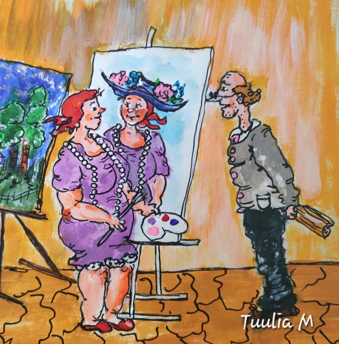 Värikäs, humoristinen maalauskuva. Pyöreä nainen istuu maalaustelineen ääressä ja pitelee sivellintä ja palettia. Telineessä on maalaus, jossa hänet on kuvattu hatun ja kukkakoristeiden kanssa. Vieressä seisoo mies, joka katsoo maalausta arvioivasti ja pitelee kädessään rullattuja papereita. Taustalla näkyy toinen taulu, jossa on maisema. Kuva on signeerattu nimellä Tuulia M.
