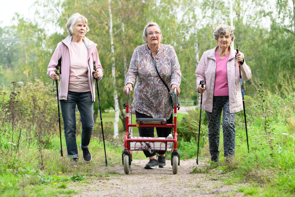 Kolme iäkästä naista ulkoilee yhdessä metsäpolulla. Kaksi käyttää kävelysauvoja ja yksi rollaattoria.