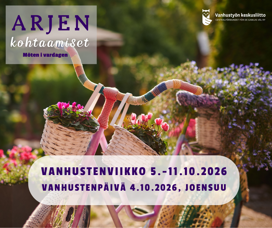 Useita Vanhustenviikon 2026 kampanjakuvia teemalla ”Arjen kohtaamiset – Möten i vardagen”. Kuvissa näkyy iäkkäitä ihmisiä ulkoilemassa yhdessä rollaattorien kanssa, keskustelemassa, kohtaamassa toisiaan sekä viettämässä aikaa eri sukupolvien kanssa. Yhdessä kuvassa iäkäs nainen ja lapsi valmistavat ruokaa yhdessä, toisessa iäkäs ihminen auttaa lasta nuotion äärellä. Mukana on myös kukkakoreilla koristeltu polkupyörä puutarhaympäristössä. Kuvissa korostuvat yhteisöllisyys, kohtaamiset, ulkoilu ja arjen hyvinvointi. Teksteissä mainitaan Vanhustenviikko 5.–11.10.2026 sekä valtakunnallinen Vanhustenpäivä 4.10.2026 Joensuussa.
