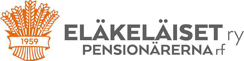 Eläkeläiset ry:n logo, jossa on oranssi viljantähkäkuvio ja vuosiluku 1959. Vieressä lukee “ELÄKELÄISET ry” sekä ruotsiksi “PENSIONÄRERNA rf”.