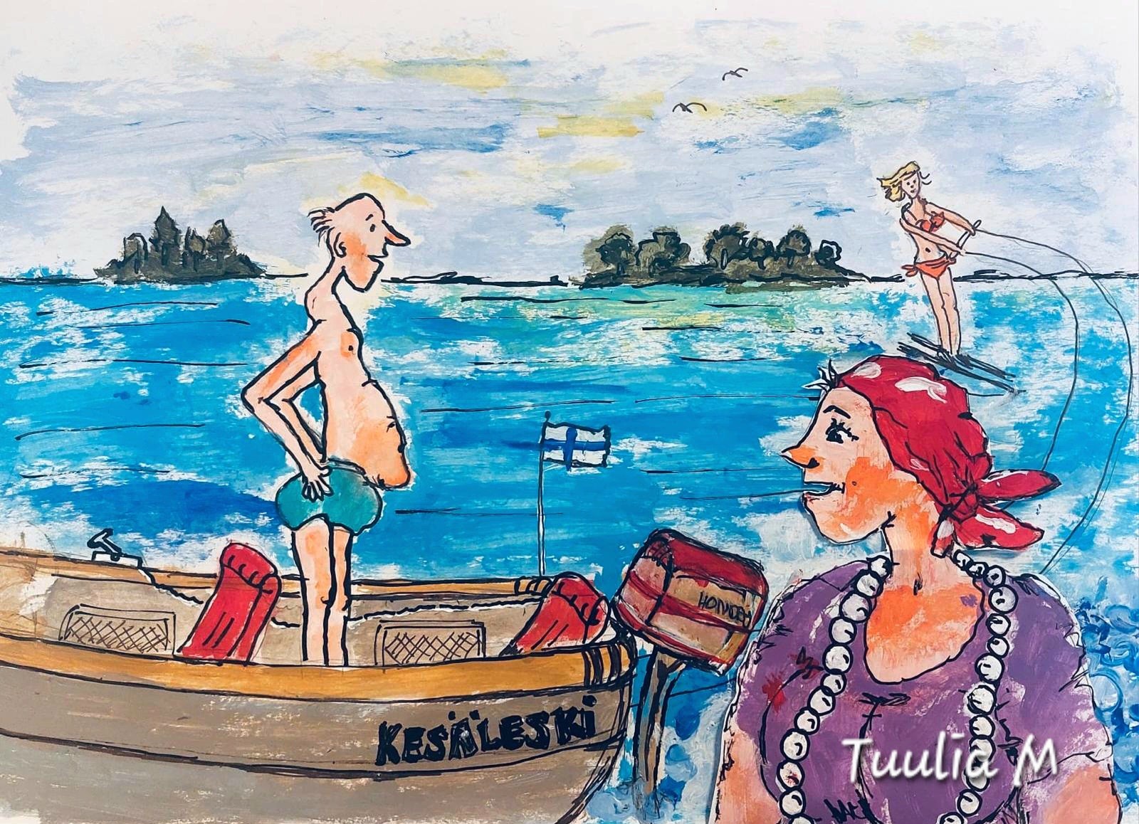 Värikäs ja humoristinen piirros kesäisestä järvimaisemasta. Etualalla nainen punaisessa huivissa ja helmikaulakorussa katsoo vesille. Vieressä soutuveneessä seisoo niukasti pukeutunut mies. Taustalla nainen vesihiihtää bikineissä järven pinnalla. Sininen järvi, pienet saaret ja Suomen lippu luovat kesäisen tunnelman. Veneen kyljessä lukee ”Kesäleski”. Kuvan tyyli on leikkisä ja karikatyyrimäinen.