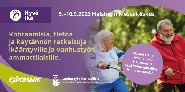 Uutiskirjebannerissa iäkäs nainen ja iäkäs mies pyöräilevät yhdessä vehreässä puistossa. Vasemmalla on Hyvä Ikä -tapahtuman logo sekä teksti: "9.–10.9.2026 Helsingin Messukeskus". Kuvassa lukee myös: "Kohtaamisia, tietoa ja käytännön ratkaisuja ikääntyville ja vanhustyön ammattilaisille." Pyöreässä tekstikentässä kerrotaan, että samaan aikaan järjestetään Fysioterapia & kuntoutus-, Vaikuttava Toiminta- ja Valtakunnalliset Ravitsemuspäivät. Alareunassa ovat Expomarkin ja Vanhustyön keskusliiton logot.