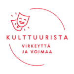 Punainen logo, jossa on teatterin naamioita esittävä kuvake ja teksti: "Kulttuurista virkeyttä ja voimaa". Logo viittaa kulttuurin hyvinvointia ja osallisuutta edistävään toimintaan.