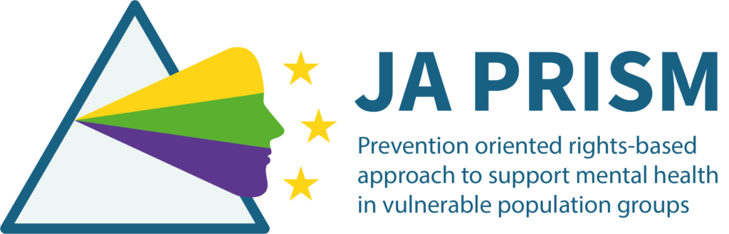 JA PRISM logo with text saying Prevention oriented rights-based approach to support mental health in vulnerable population groups. 