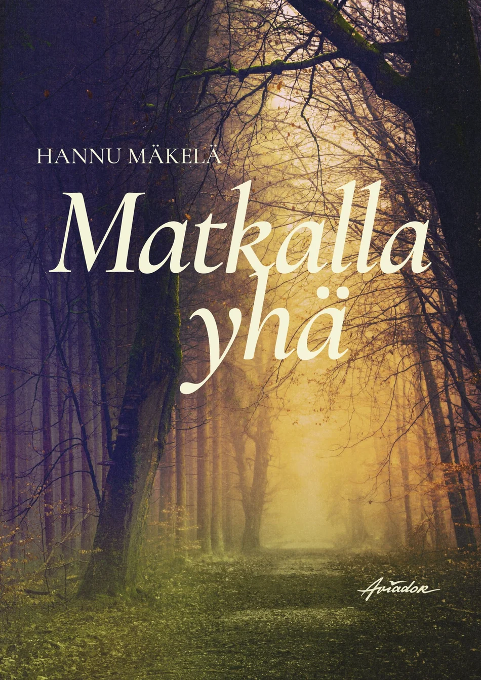 Hannu Mäkelän Matkalla yhä -kirjan kansi. Kannessa on hämärä metsämaisema, jossa lämmin valo siivilöityy puiden välistä metsäpolulle.