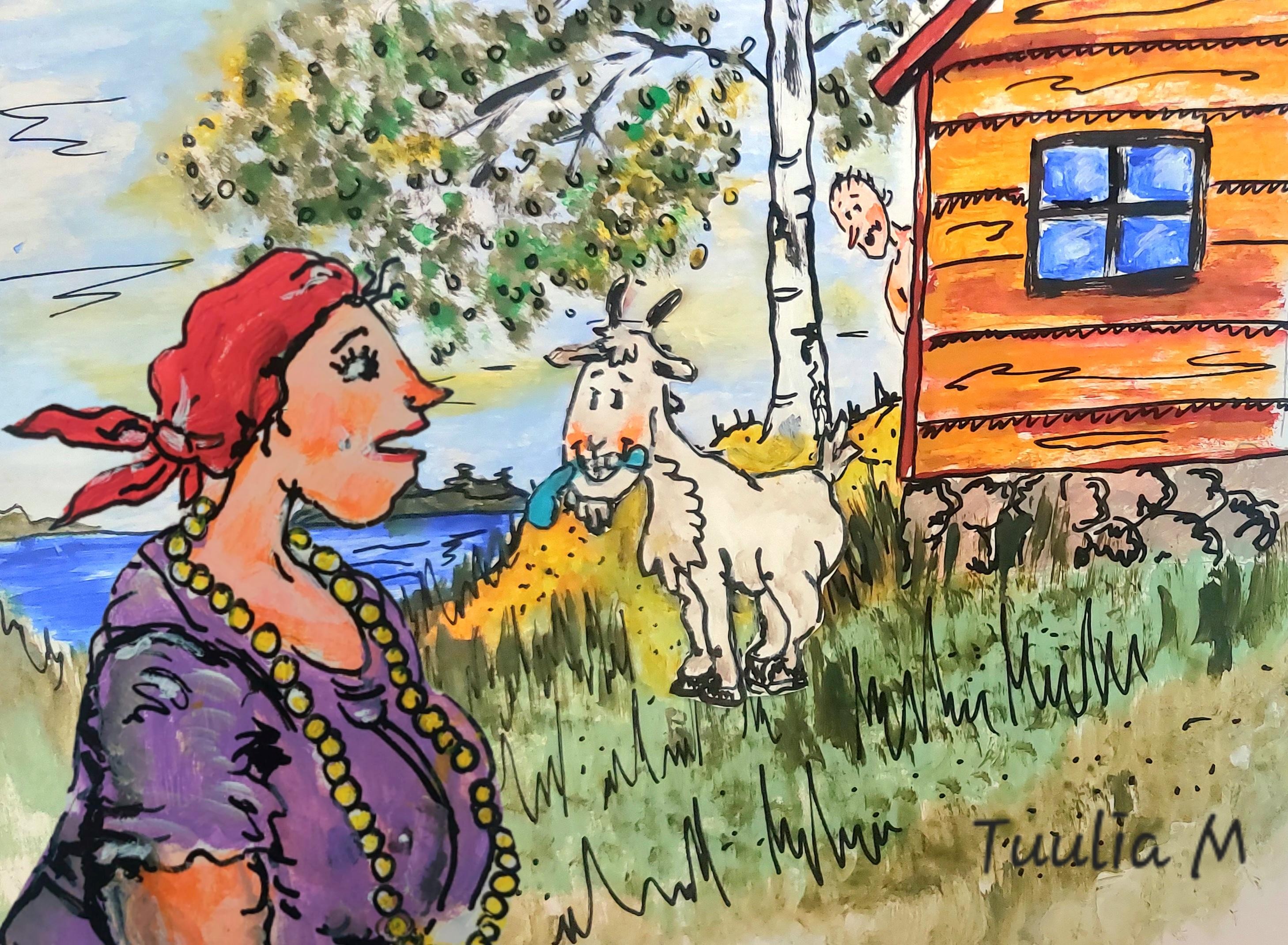 Piirros huivipäisestä naisesta maaseutumaisemassa. Taustalla vuohi seisoo talon pihalla ja mies kurkistaa rakennuksen takaa.